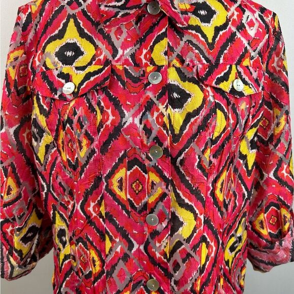 Ruby Rd Womens Red Yellow Brown 3/4 Roll Tab Sleeve Button Front Crop Shacket 14 - Picture 2 of 7